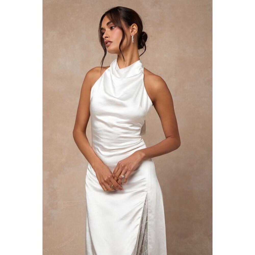 NWT Lulus Concetta Ivory Satin Lace Halter Maxi Dress White - Size XS